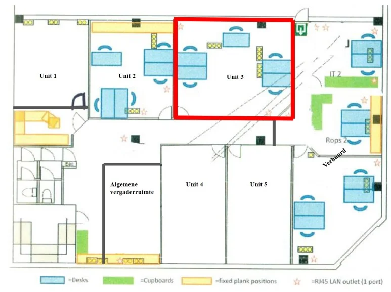 Plattegrond van een kantoor aan de Anthony Fokkerweg met gemarkeerde Unit 3 en diverse werkplekken, vergaderruimtes en faciliteiten.